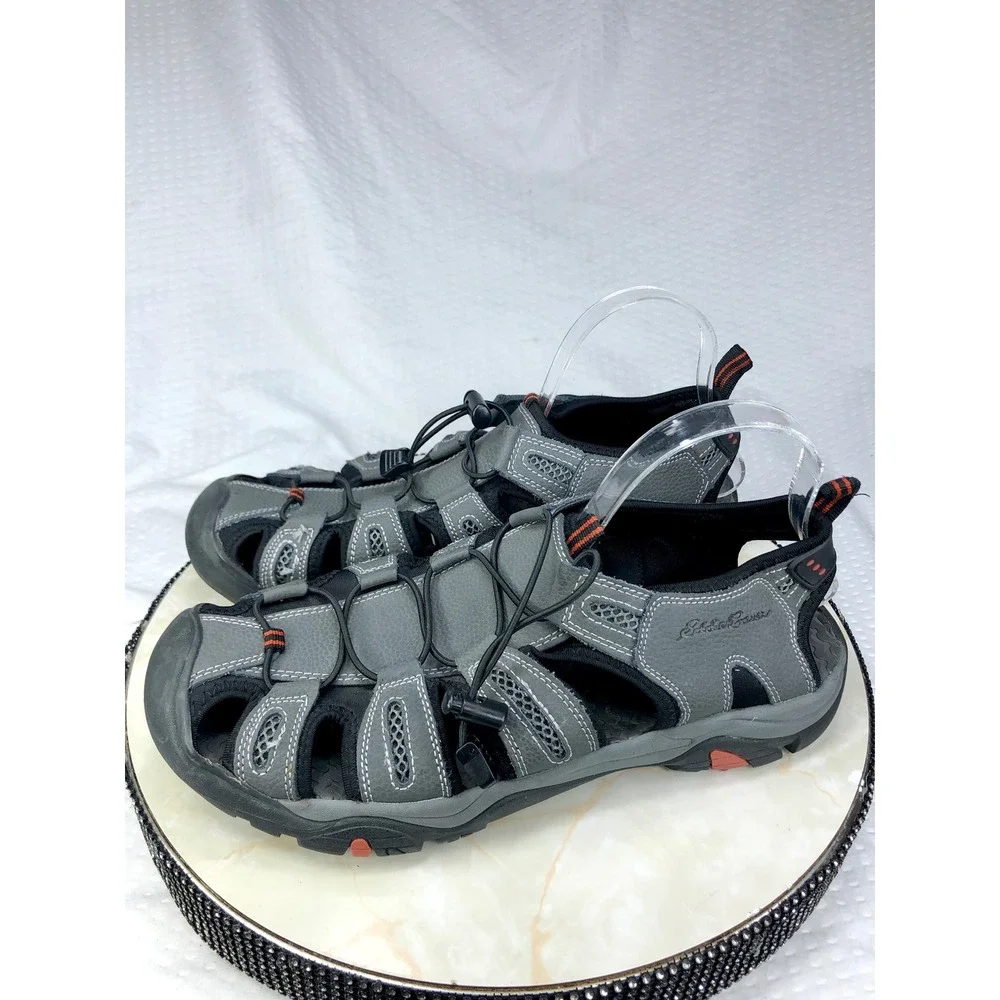 Eddie Bauer Troy Leather Sport Sandals Mens 12 Gray Bungee Hiking Outdoor Shoes